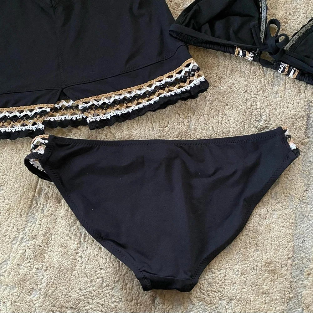 Becca Fiesta Bikini Set Matching 3 Piece Crochet Black Triangle Wireless Bra: L